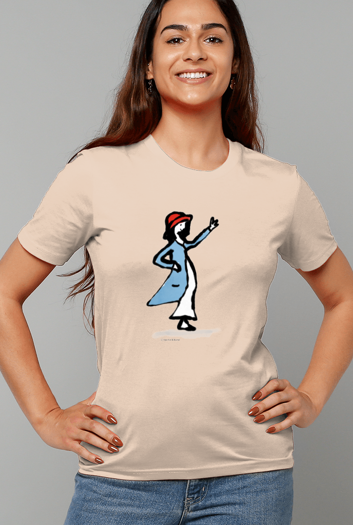 Happy young woman wearing an illustrated waving girl t-shirt on heather raibow vegan cotton tshirt by Hector and Bone