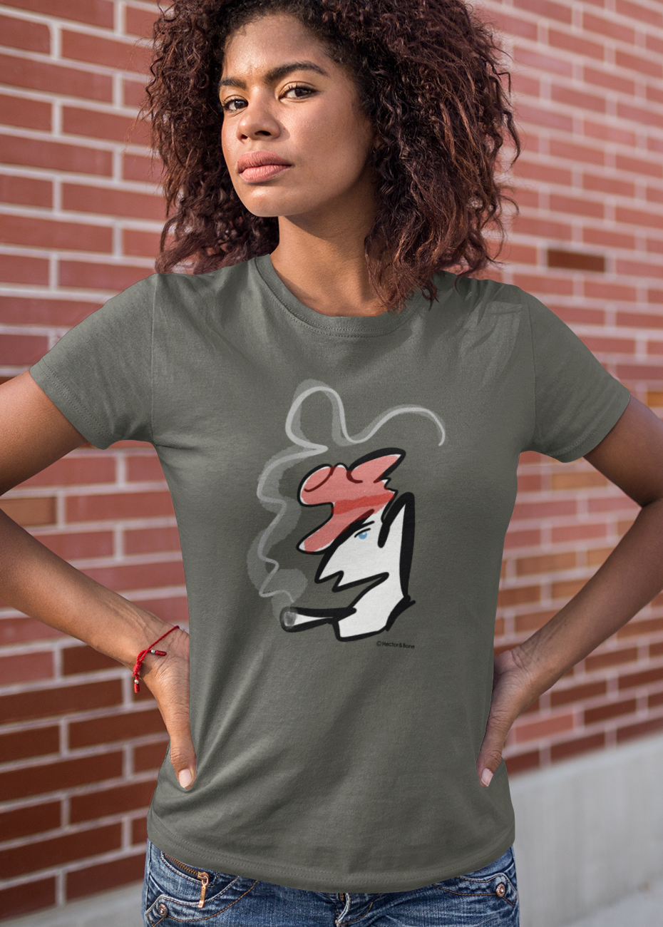 Young woman wearing a stylised illustrated design of Parisian smoking man portrait on a khaki colour vegan cotton t-shirt by Hector and Bone