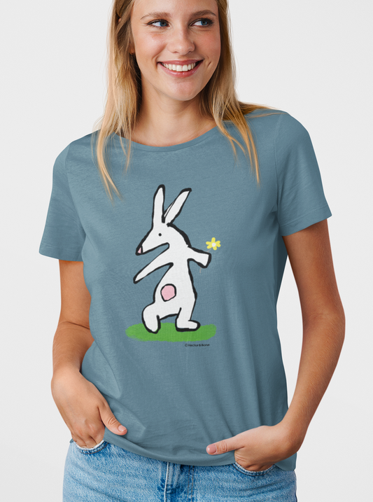 Bunny T-shirt - Young woman wearing Illustrated rabbit holding a flower design on a Stargazer blue vegan cotton t-shirt - Easter Bunny t-shirts by Hector and Bone