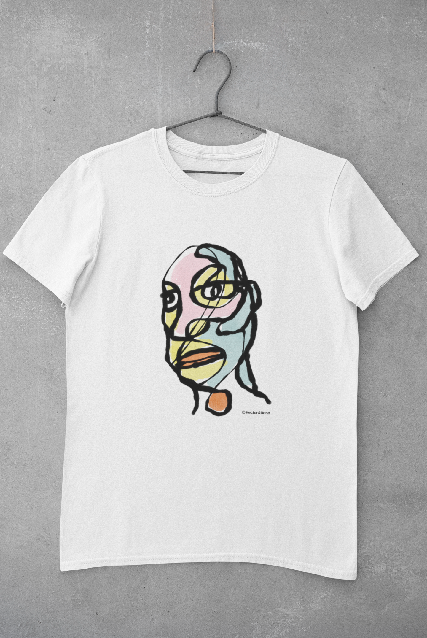 Abstract man portrait t-shirt - Edgy Eddie abstract man's face illustrated on a vegan white cotton t-shirt by Hector and Bone