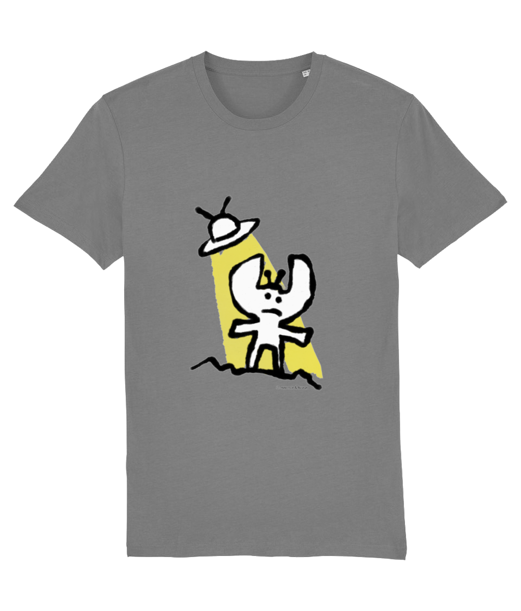 Alien T-shirt - Cute Alien landing t-shirt illustrated on a mid heather grey quality t-shirt by Hector and Bone