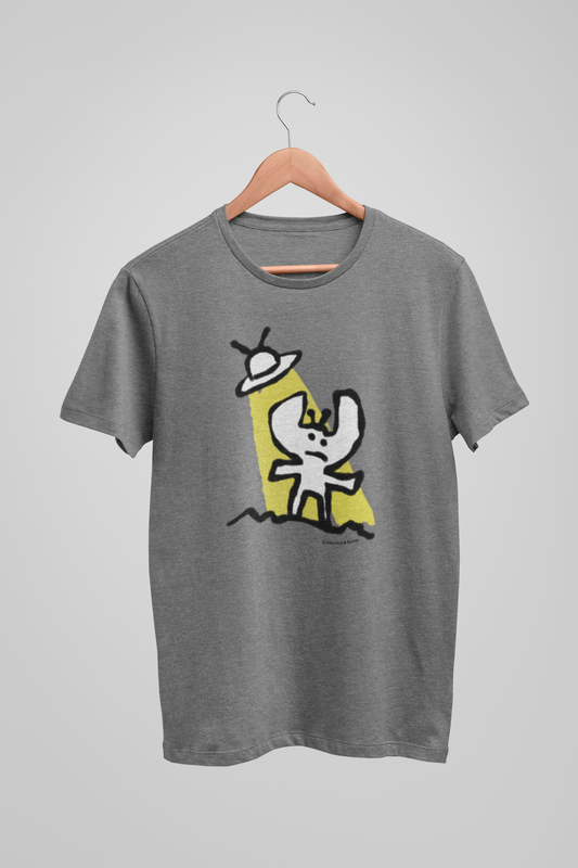 Alien T-shirt - Cute Alien and his spaceship illustrated on a mid heather grey vegan t-shirt by Hector and Bone
