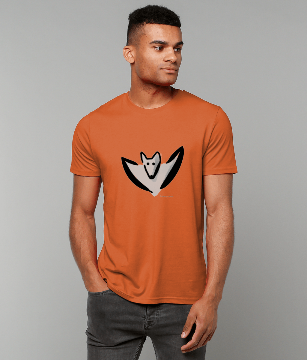 Bat T-shirt - Young man wearing illustrated Bertie Bat T-shirt in bright orange colour vegan cotton - T-shirts by Hector and Bone