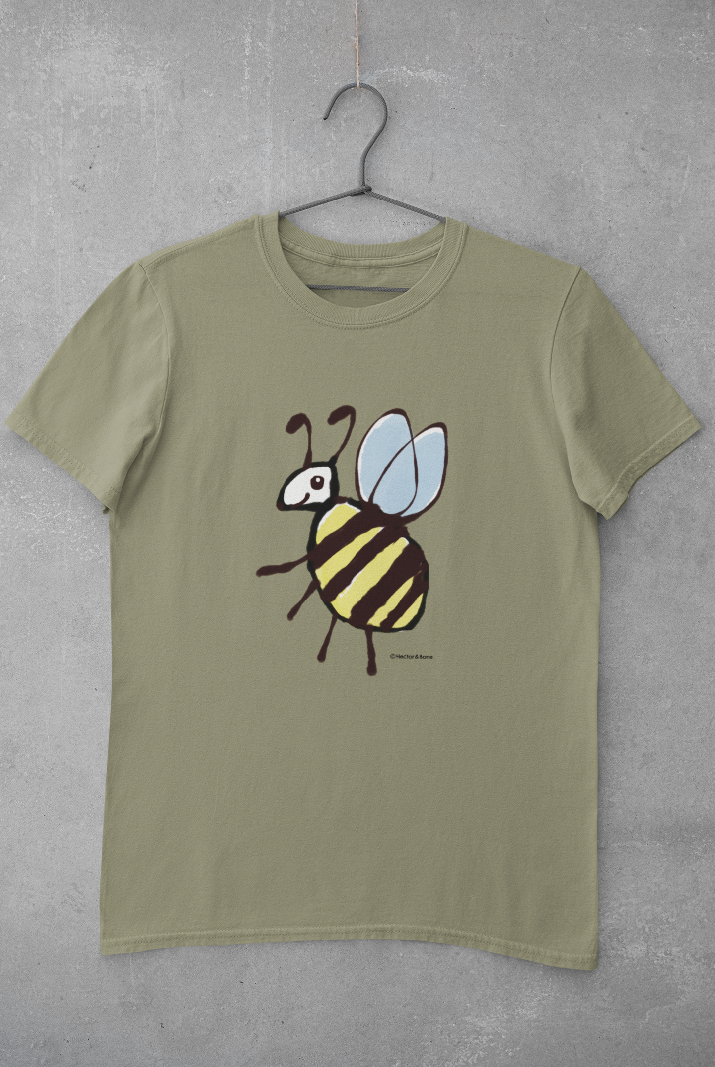 Bee T-shirt - Cute Busy Bee illustrated sage vegan cotton t-shirts by Hector and Bone