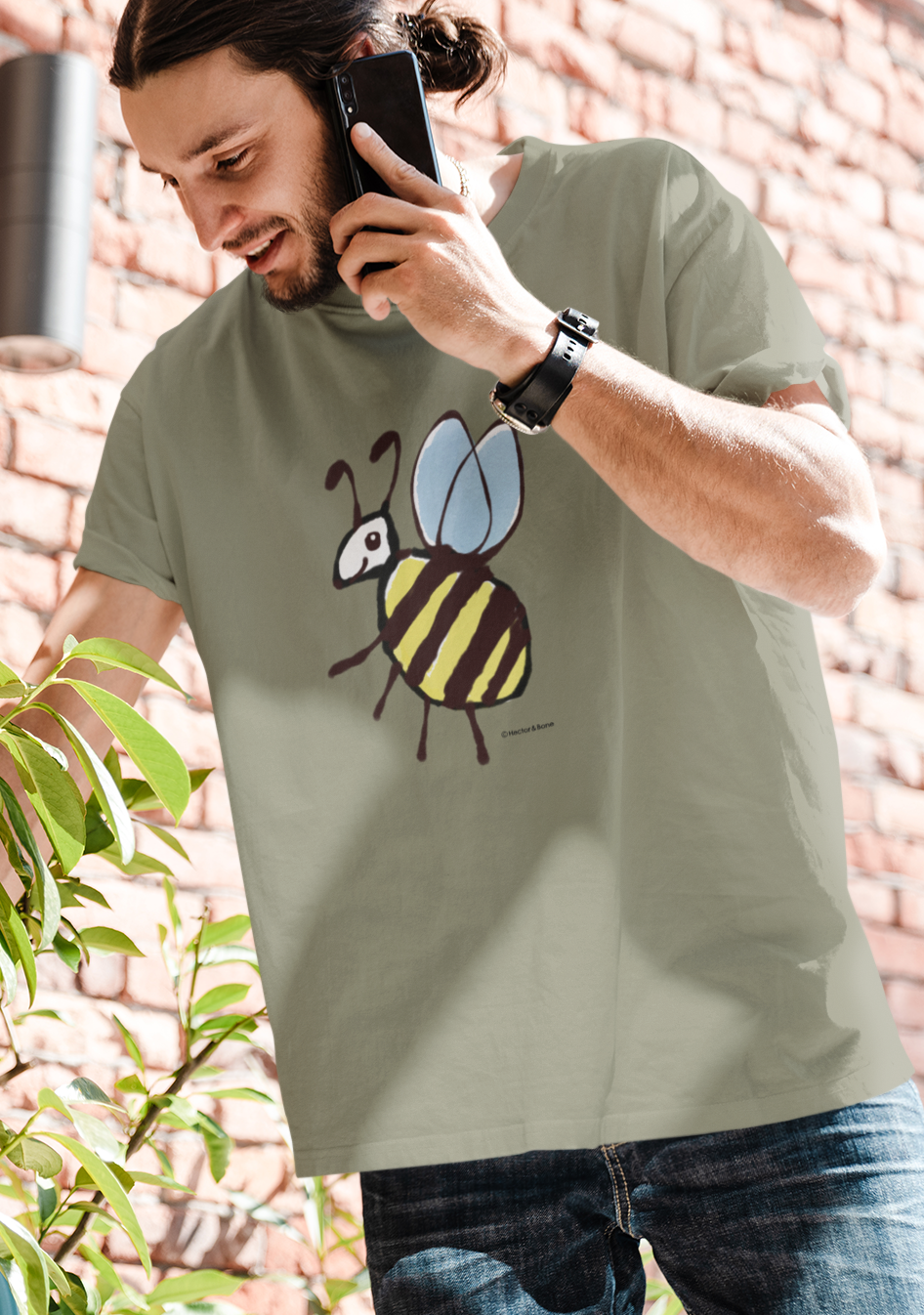 Bee T-shirt - Young man wearing a cute Busy Bee illustrated heather grey vegan cotton t-shirts by Hector and Bone