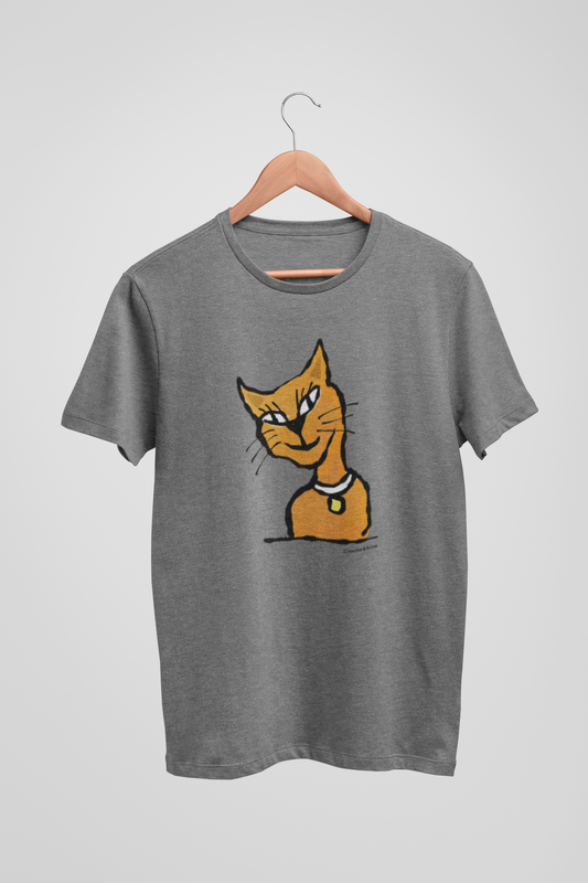 Ginger Cat T-shirt - Illustrated mid heather grey colour vegan cotton Cat T-shirts by Hector and Bone for cat lovers