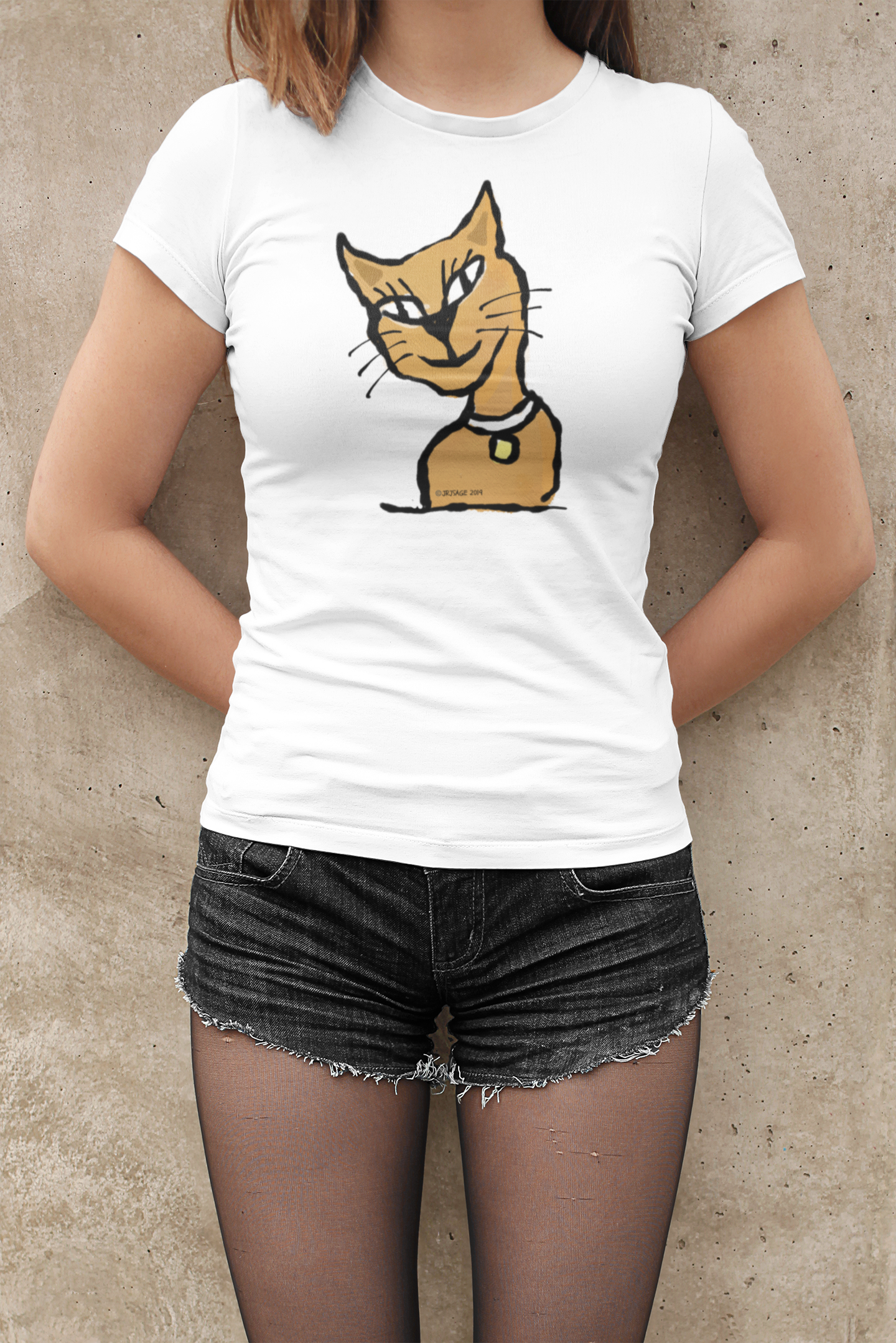 Ginger Cat T-shirt - Young woman wearing an Illustrated white colour vegan cotton Cat T-shirt by Hector and Bone