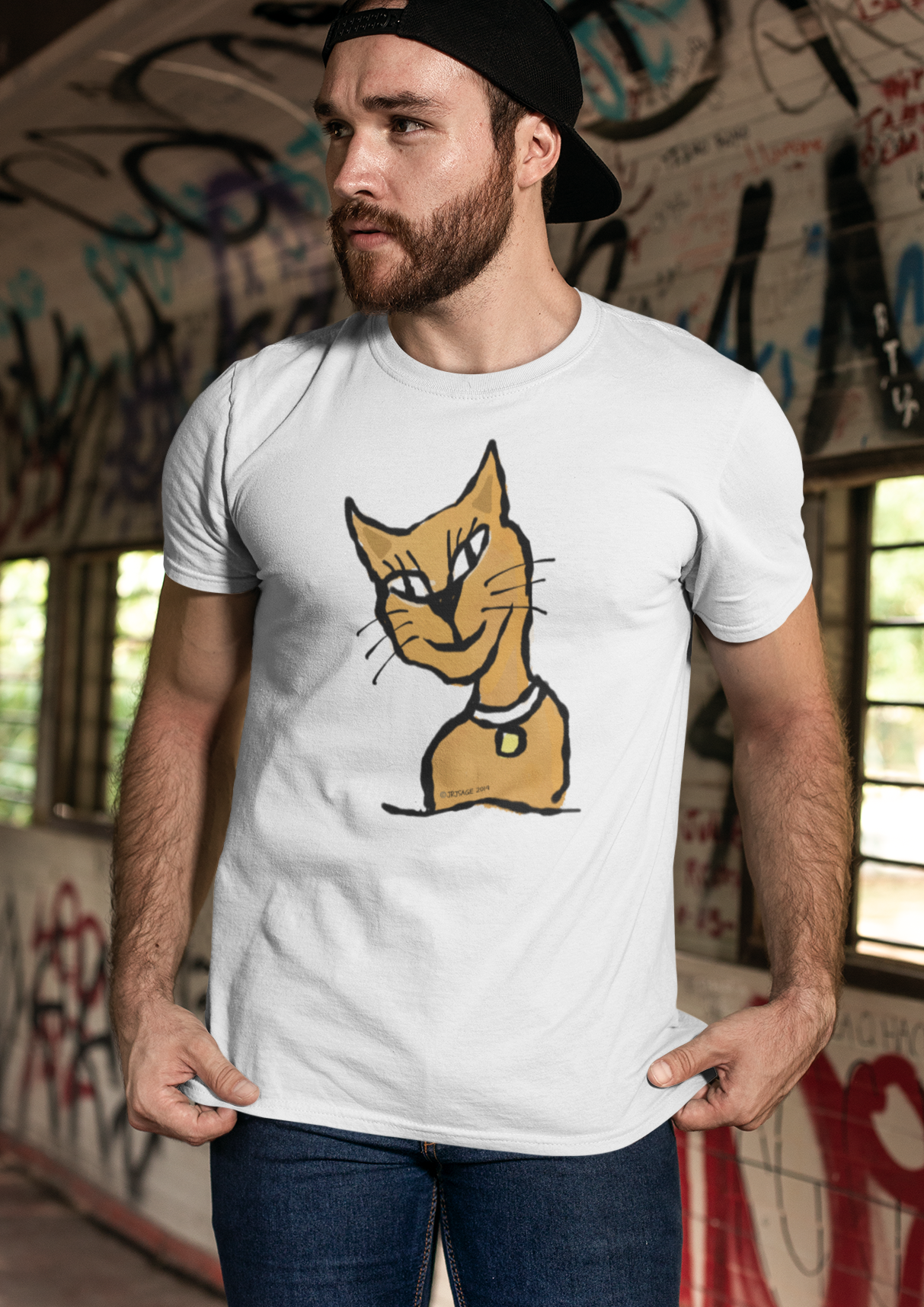 Ginger Cat T-shirt - Young man wearing an Illustrated white colour vegan cotton Cat T-shirt by Hector and Bone