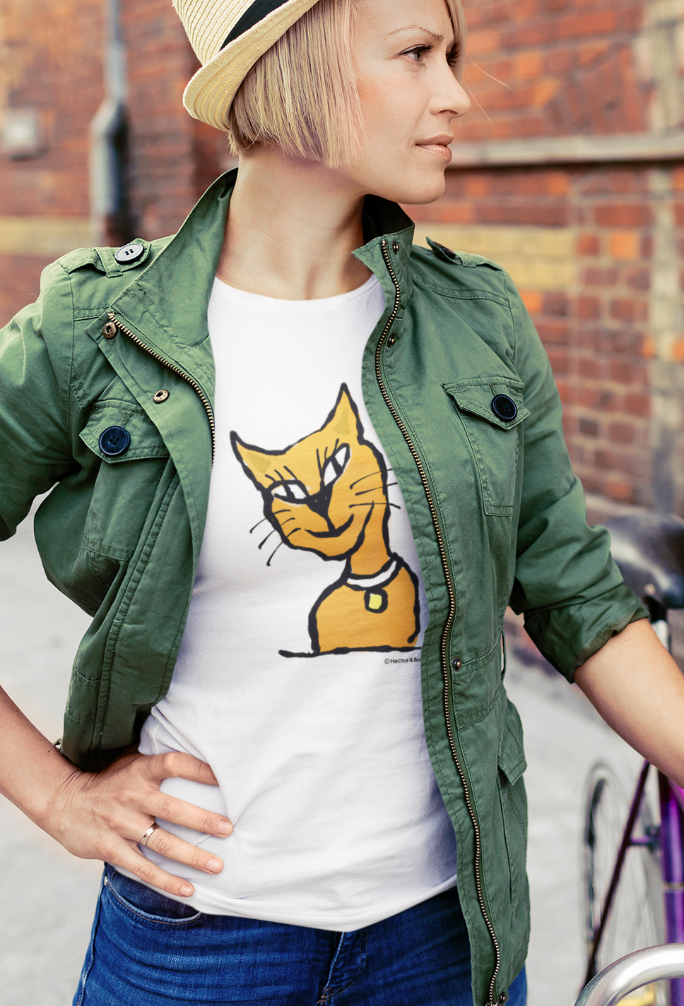 Ginger Cat T-shirt - Young woman wearing an Illustrated white colour vegan cotton Cat T-shirt by Hector and Bone