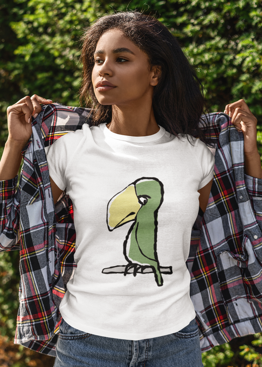 A young woman wearing a Classic White Unisex Hector and Bone T-shirt printed with a cute illustration of Peter Parrot