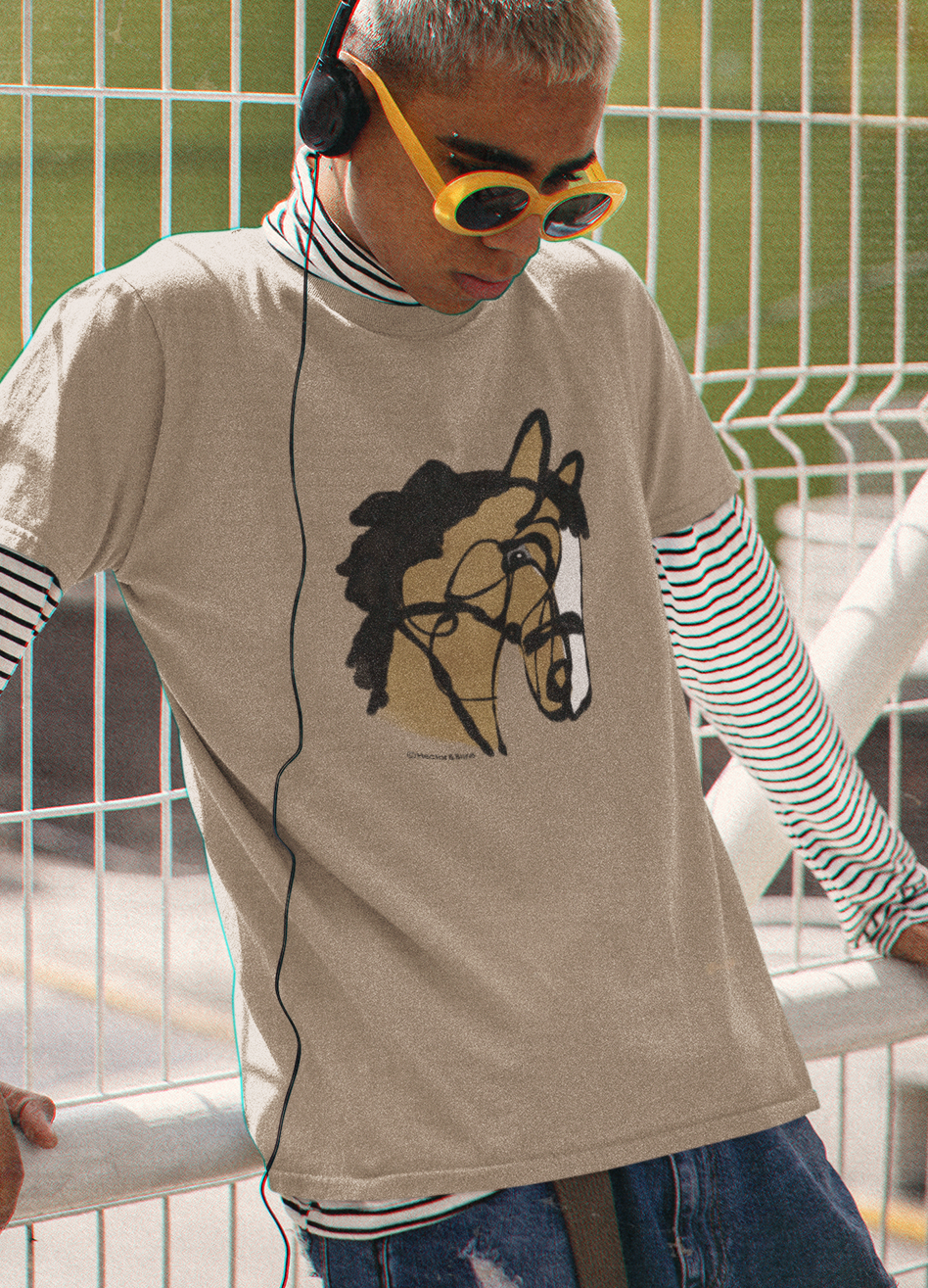 Horse T-shirt - Cool young man wearing an 'I love my horse' pony t-shirt design on camel colour vegan cotton by Hector and Bone