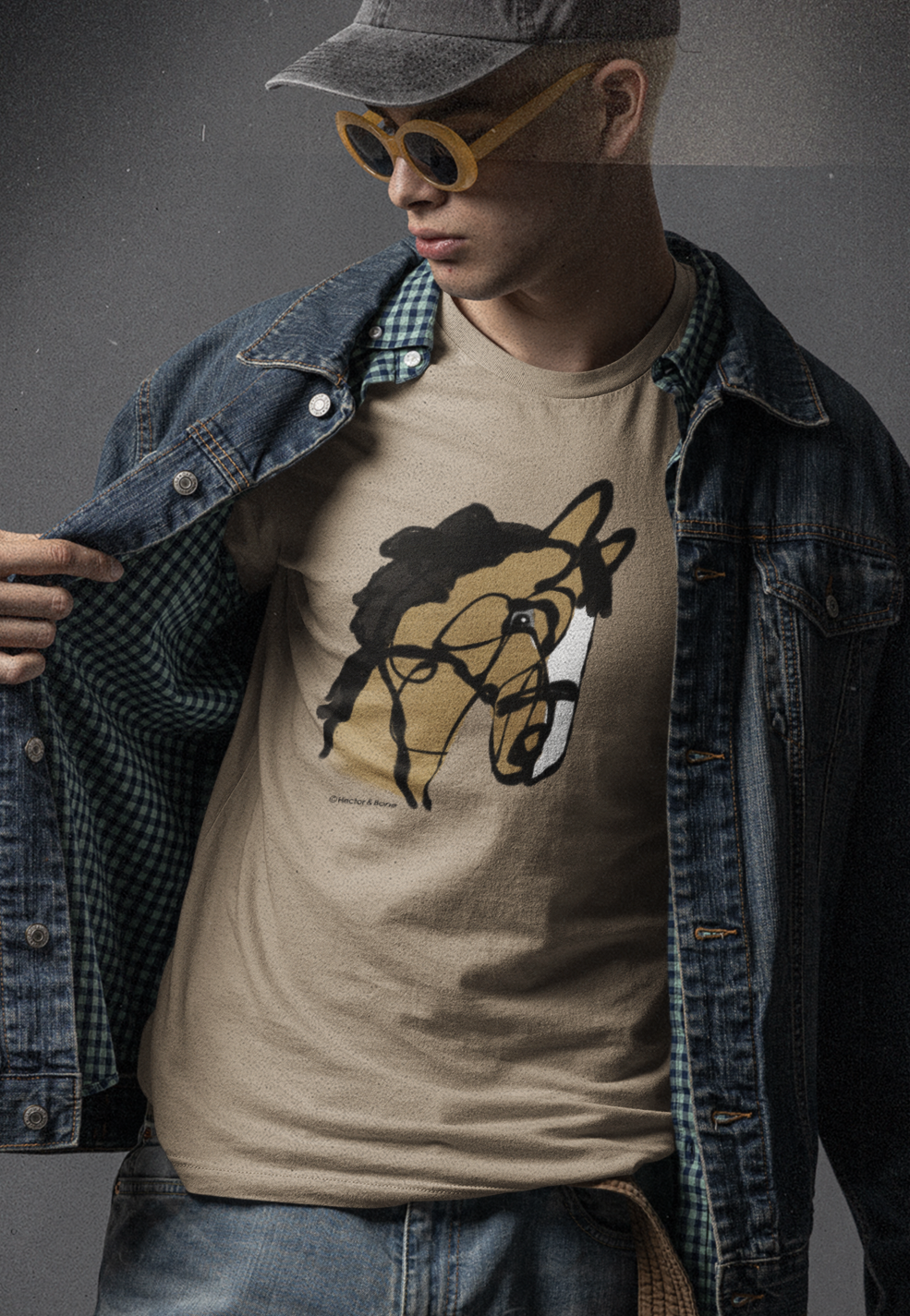 Horse T-shirt - Trendy young man wearing an 'I love my horse' pony t-shirt design on camel colour vegan cotton by Hector and Bone