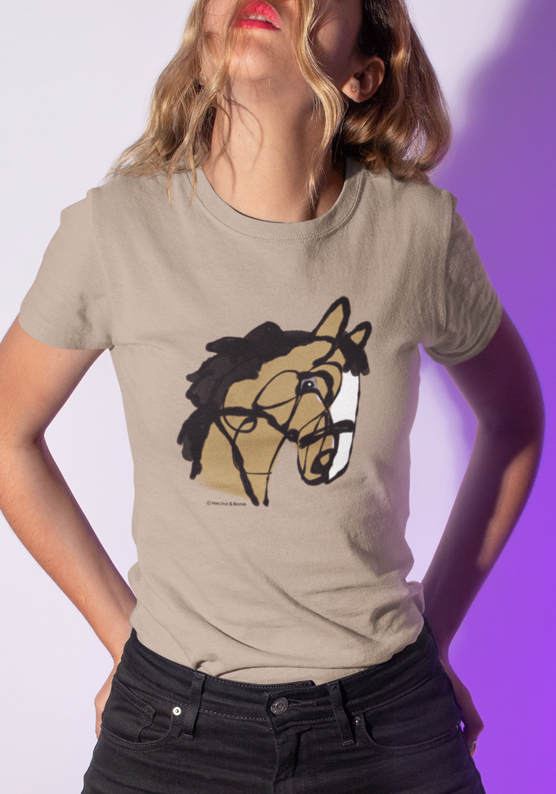 Horse T-shirt - Young woman wearing an 'I love my horse' pony t-shirt design on camel colour vegan cotton by Hector and Bone