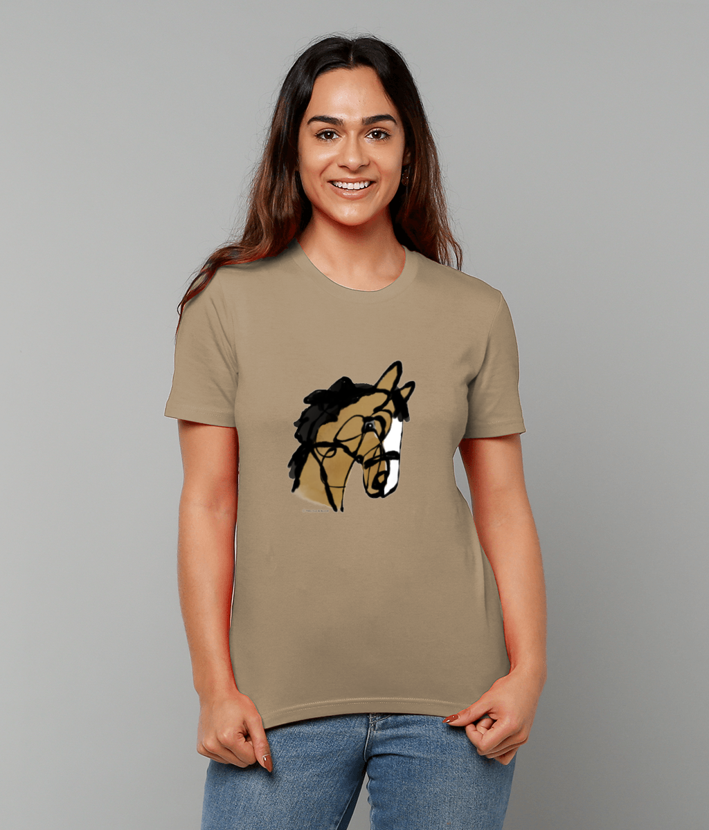 Horse T-shirt - Smiling young woman wearing an 'I love my horse' pony t-shirt design on camel colour vegan cotton by Hector and Bone