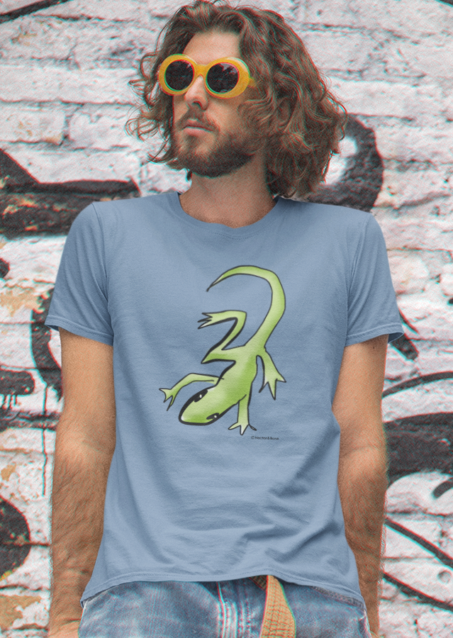 Lounge Lizard T-shirt - young man wears a mid heather blue colour vegan cotton gecko t-shirt by Hector and Bone