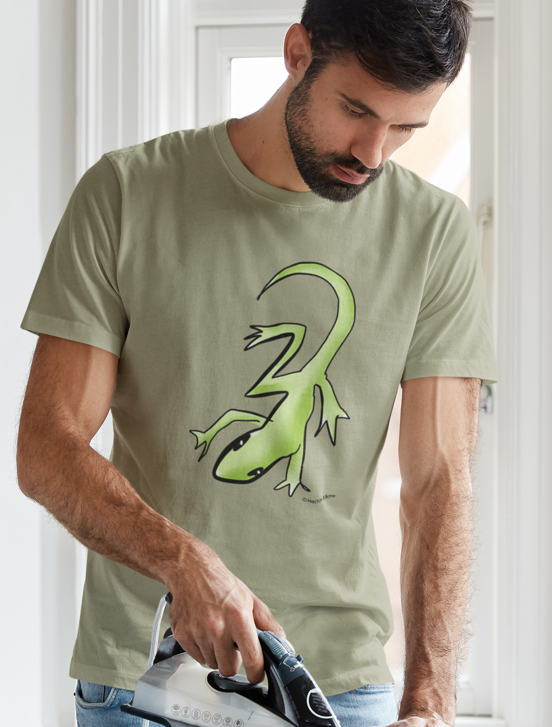 Lounge Lizard T-shirt - Young man wearing a vegan cotton gecko design t-shirts by Hector and Bone