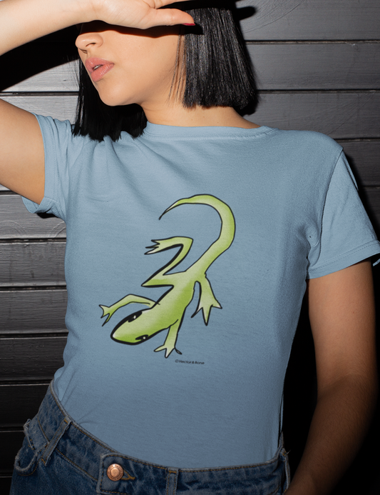 Lounge Lizard T-shirt - young woman wears a mid heather blue colour vegan cotton gecko t-shirt by Hector and Bone