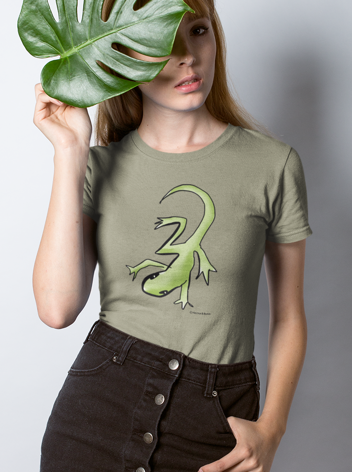 Lounge Lizard T-shirt - Young woman wearing illustrated lizard vegan cotton t-shirt in Sage Green colour by Hector and Bone