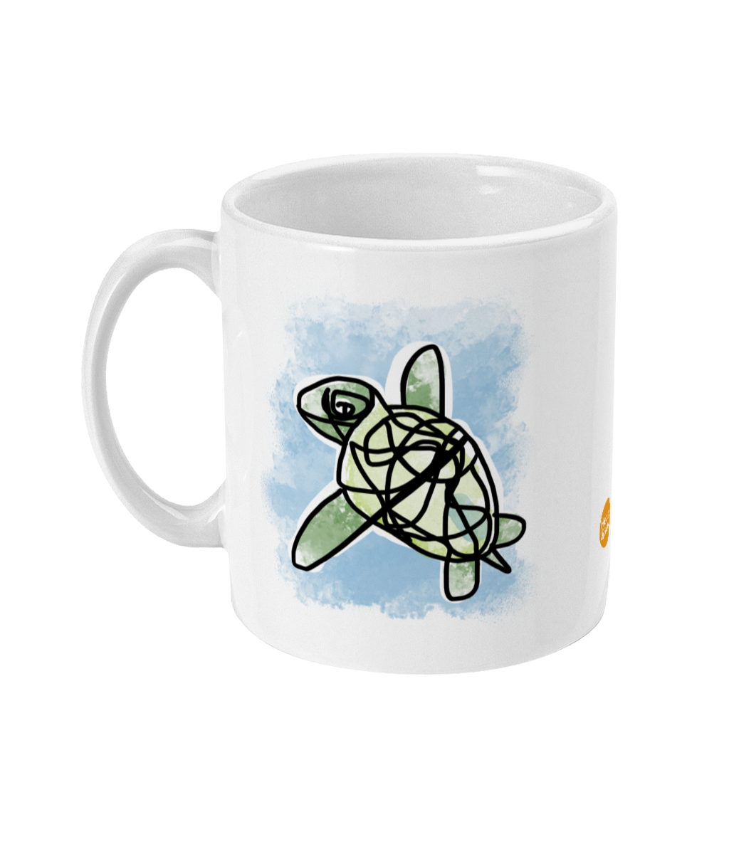 Myrtle the green Sea Turtle illustrated ceramic coffee mug by Hector and Bone Left View