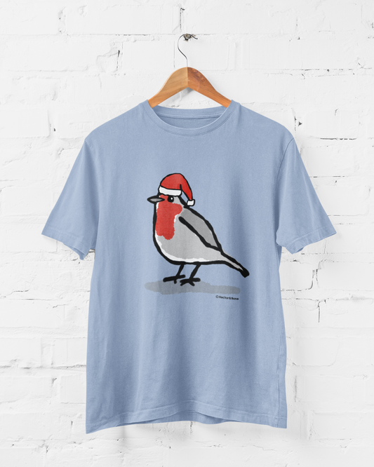 Santa Robin Christmas T-shirt - Original illustrated Robin design by Hector and Bone - Christmas Robin t-shirts - Vegan cotton Sky Blue colour t-shirt