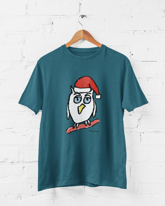 Santa Night Owl Christmas T-shirt - Illustrated funny Xmas night owl on a night blue vegan cotton t-shirt by Hector and Bone