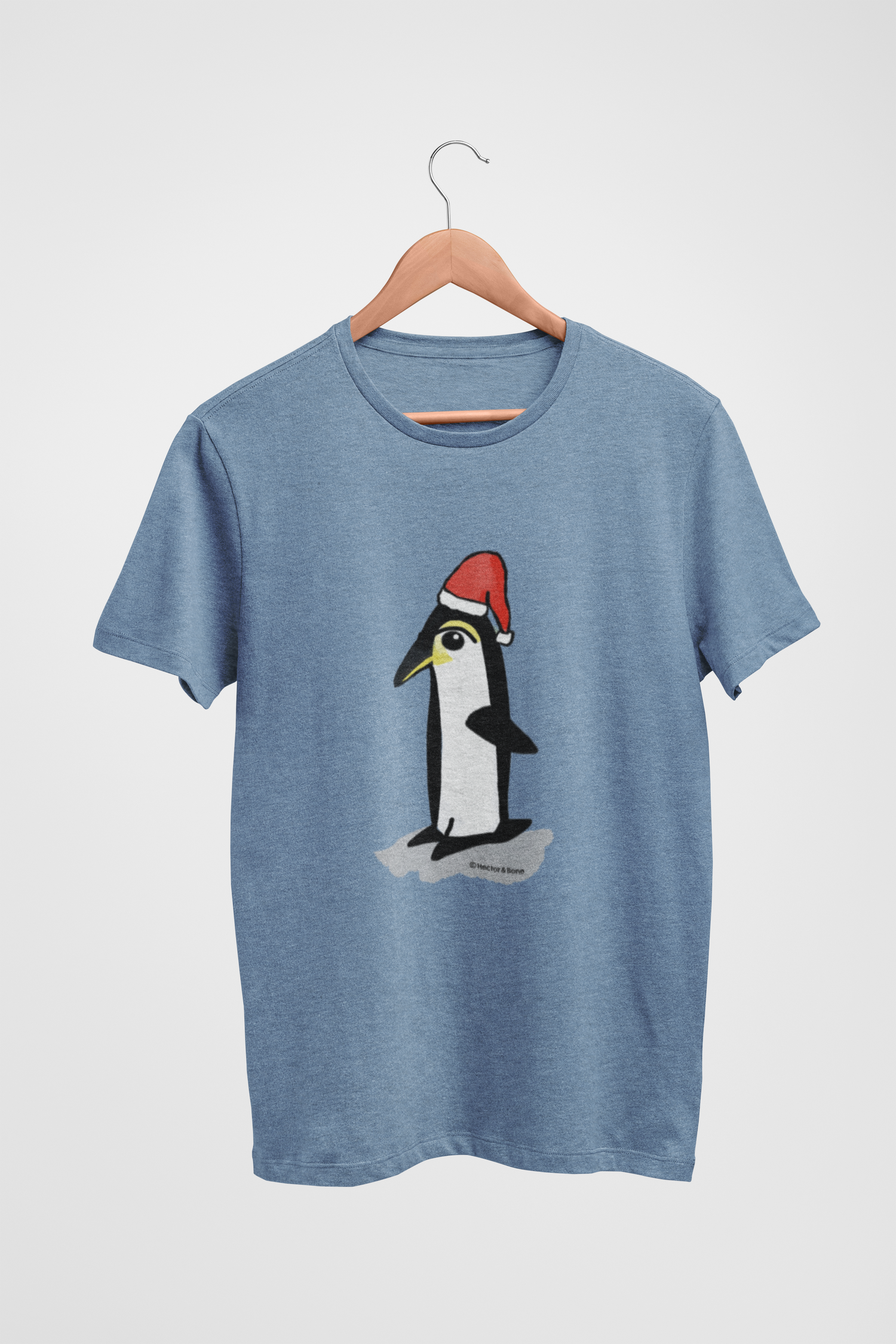 Santa Penguin Christmas T-shirt - Illustrated cute penguin on mid heather blue colour vegan cotton t-shirt by Hector and Bone