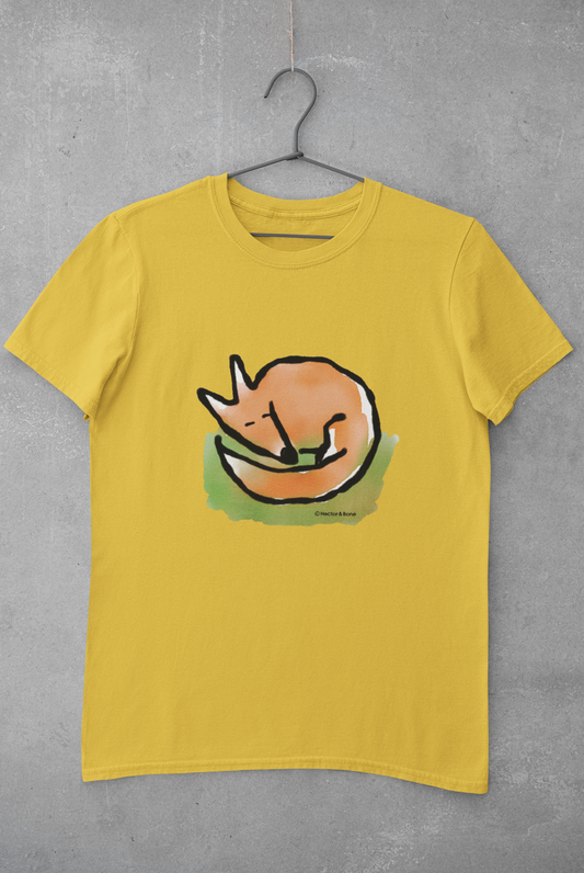 Sleeping Fox T-shirt in yellow vegan cotton. Illustrated original cute fox t-shirt design by Hector and Bone