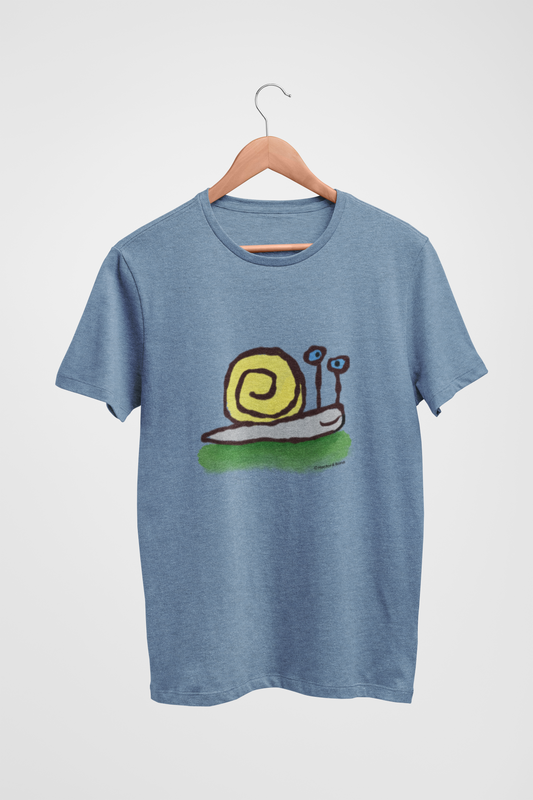 Snail T-shirt - Heather Blue Unisex Hector and Bone vegan cotton T-shirt with printed cute Snail illustration
