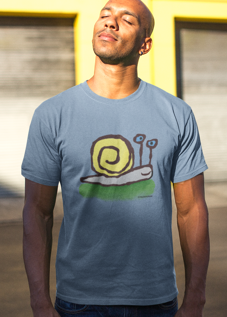 Snail T-shirt - A young man wearing a Heather Blue Unisex Hector and Bone vegan cotton T-shirt with printed Cute Snail illustration