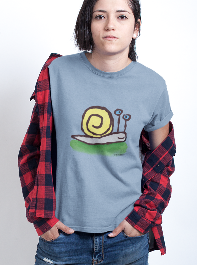 Snail T-shirt - A young woman wearing a Mid Heather Blue Unisex Hector and Bone vegan cotton T-shirt with printed Sly the Snail illustration
