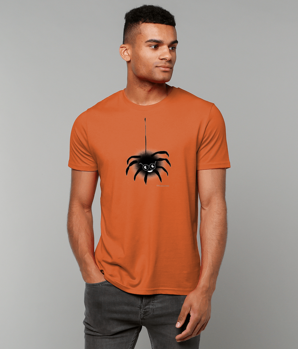Spider T-shirt - A young man wearing a funny Spectacled Spider original illustrated Halloween design on a Hector and Bone quality vegan pumpkin orange colour cotton t-shirt