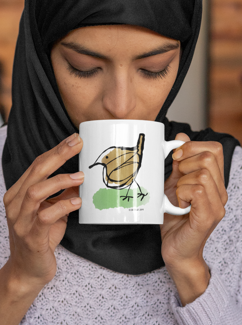 Woman sipping from a Jenny Wren bird cute hand drawn illustrated design by Hector and Bone white coffee mug