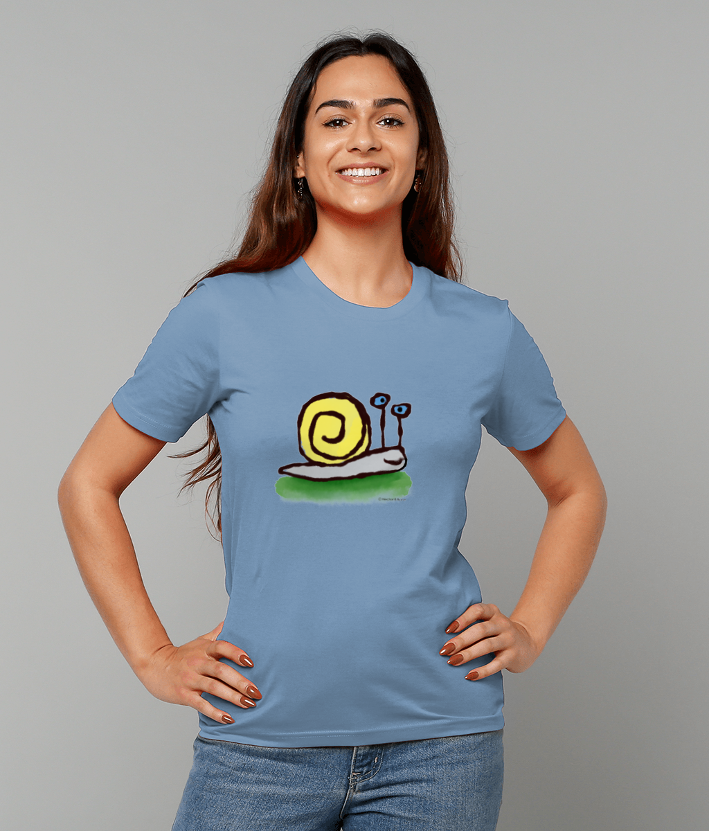 Cute snail T-shirt - A young woman wearing a Mid Heather Blue Unisex Hector and Bone vegan cotton T-shirt with printed cute Snail illustration
