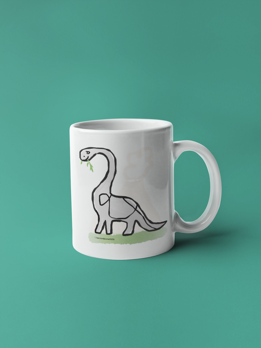 A cute Derek Dinosar illustrated Brontosaurus ceramic coffee mug by Hector and Bone