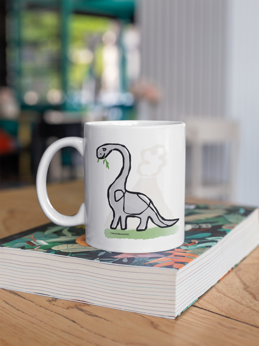 A cute Derek Dinosar illustrated Brontosaurus ceramic coffee mug by Hector and Bone