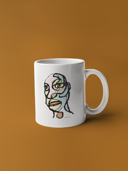 A White Ceramic Hector and Bone Mug with a quirky illustration of an arty abstract portrait