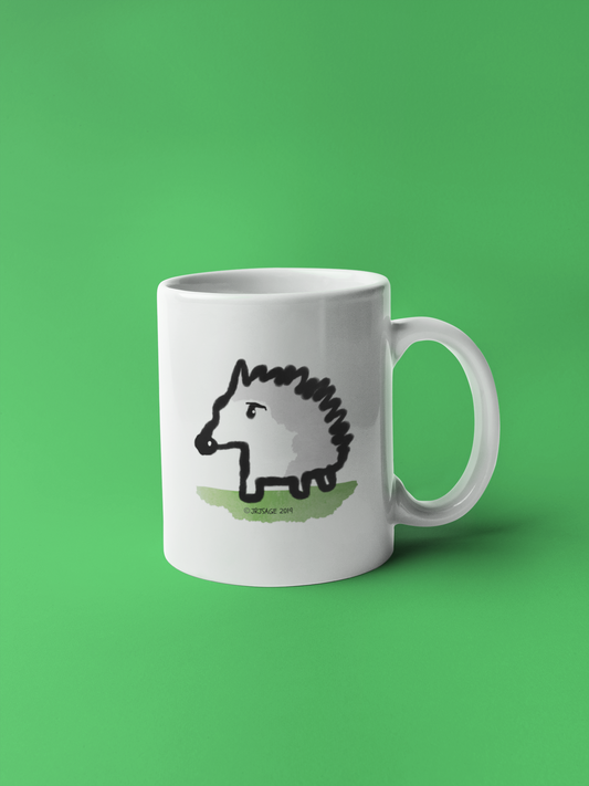 A White Ceramic Hector and Bone Mug with an illustration of a cute Baby Hedgehog
