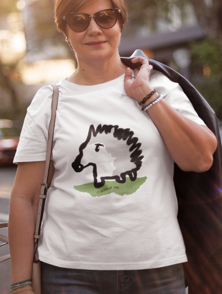 Hedgehog T-shirt - Woman wearing a cute illustrated baby hedgehog t-shirt in white vegan cotton by Hector and Bone
