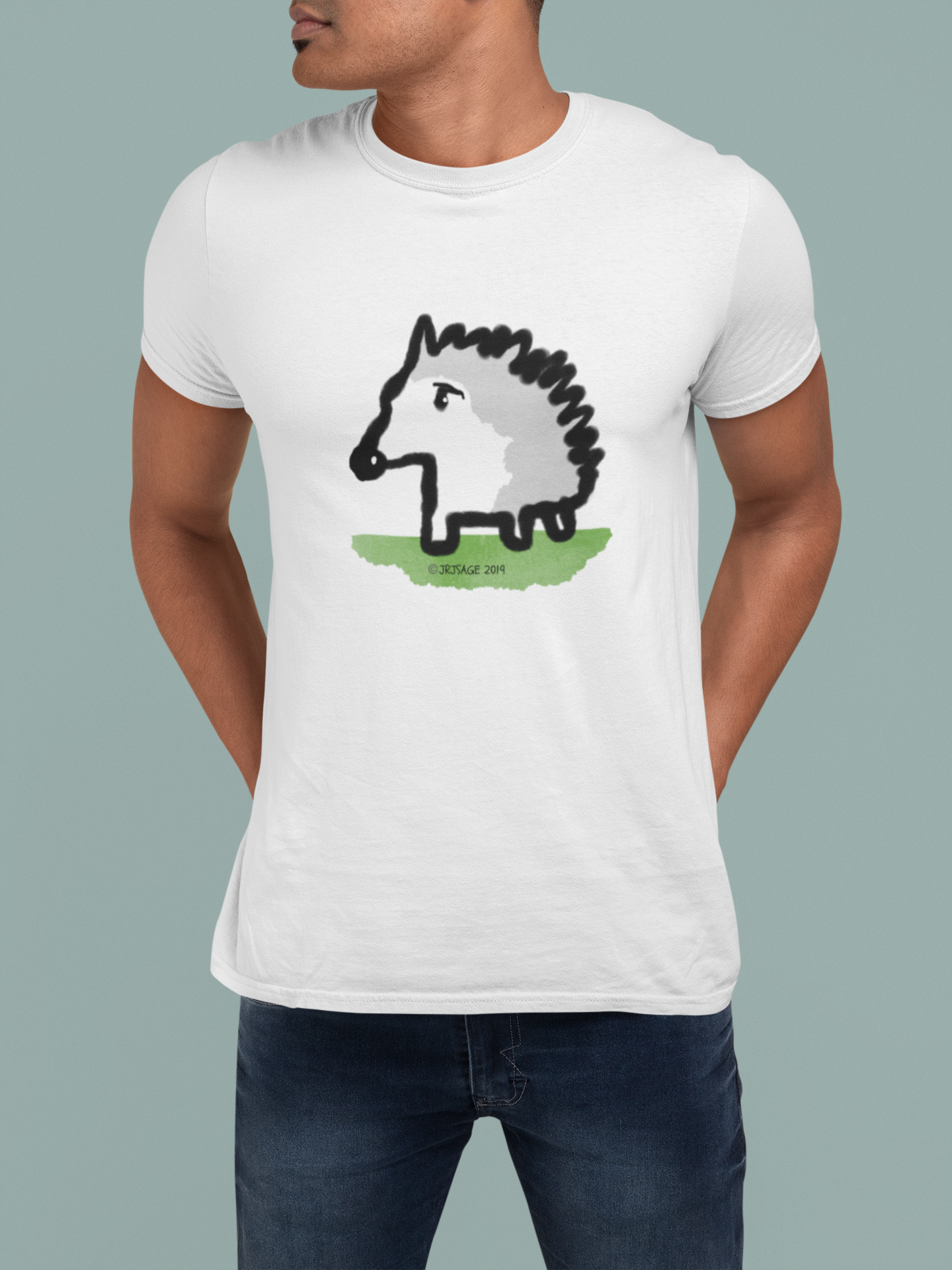 Baby Hedgehog T-shirt - Young man wearing a cute illustrated hedgehog t-shirt in white vegan cotton by Hector and Bone
