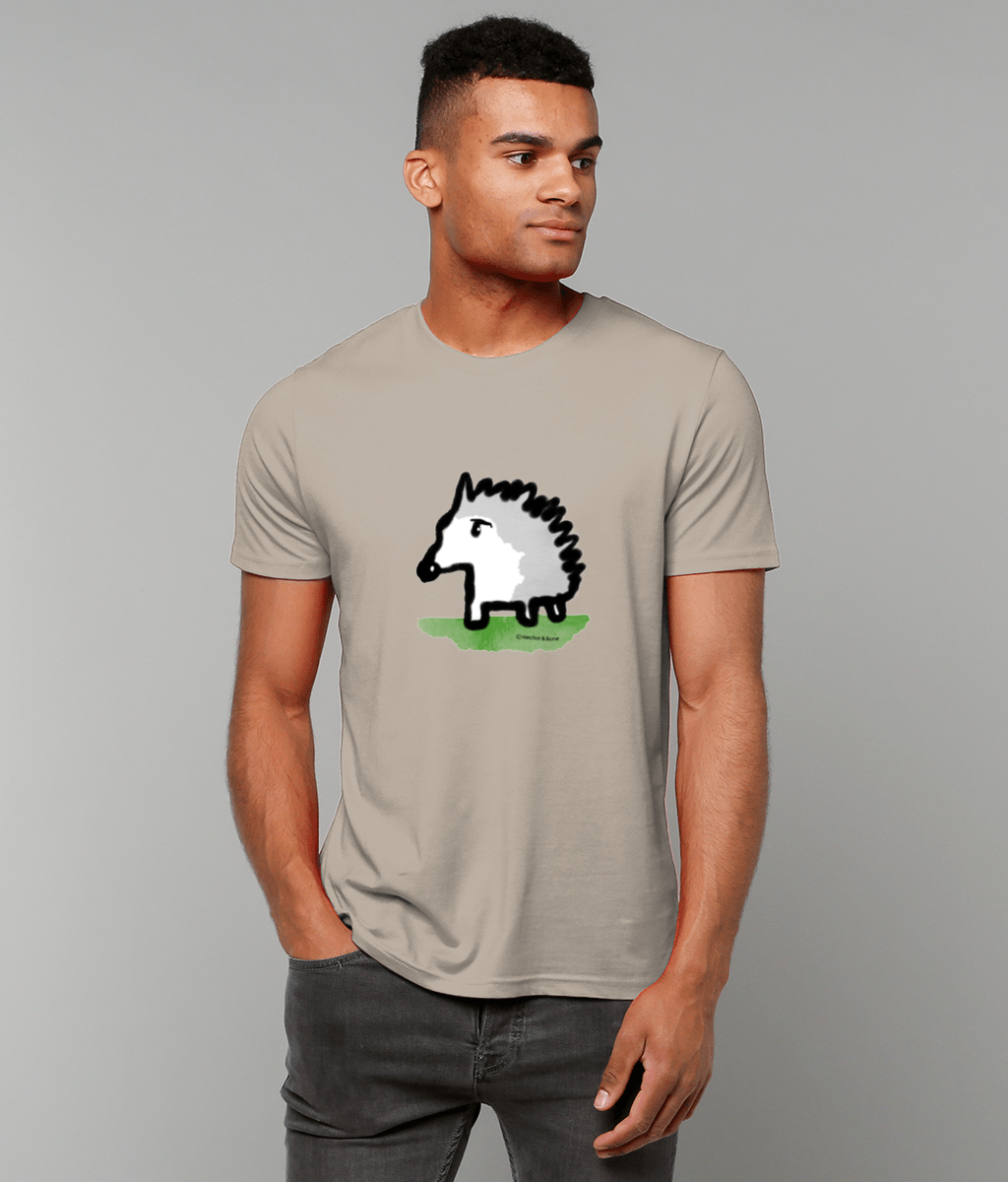 Hedgehog T-shirt - Young man wearing a cute illustrated baby hedgehog t-shirt in desert dust colour vegan cotton tshirt by Hector and Bone