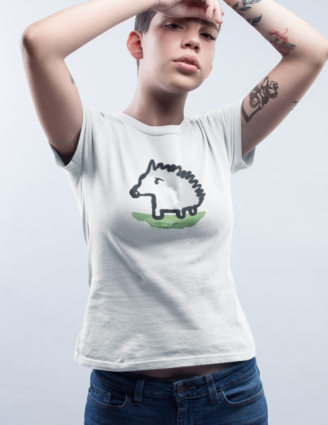 Baby Hedgehog T-shirt - Young woman wearing a cute illustrated baby hedgehog t-shirt vegan cotton by Hector and Bone