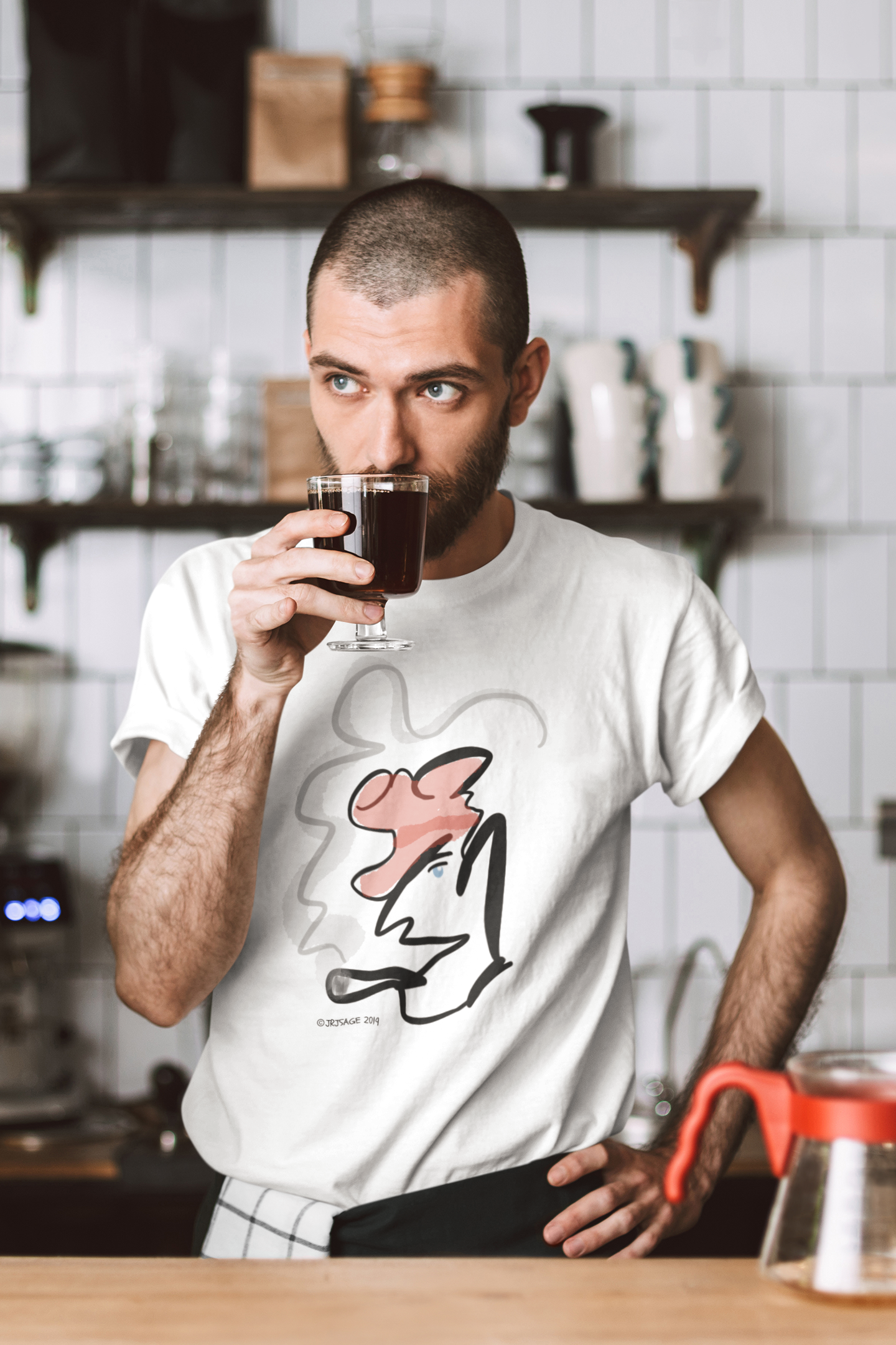 Barista wearing a quality vegan cotton t-shirt with Hector and Bone smoking man Monsieur Gaulois illustrated design