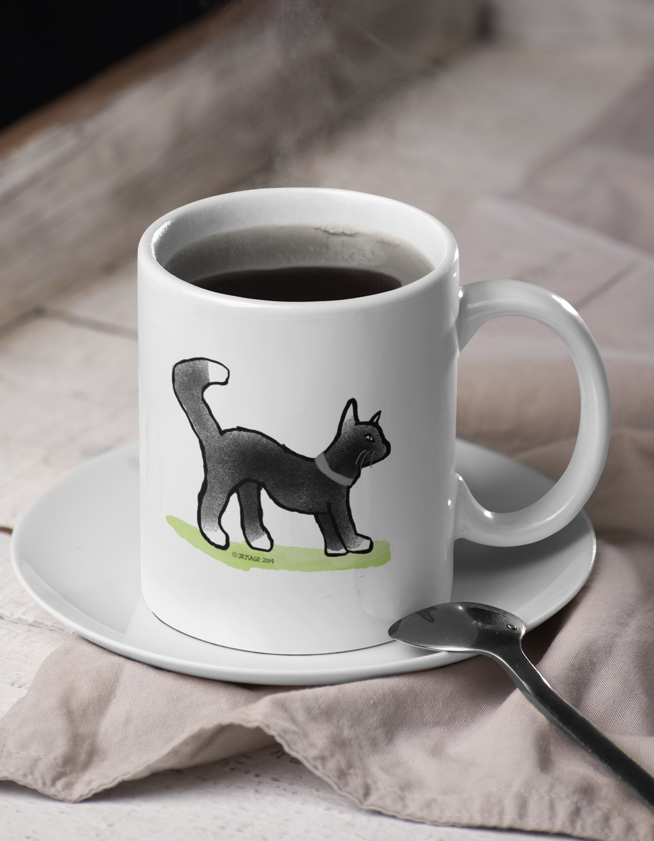 Black Cat Mug - A White Ceramic Hector and Bone coffee Mug on a saucer with a cute Black Cat with white bits kitty illustration