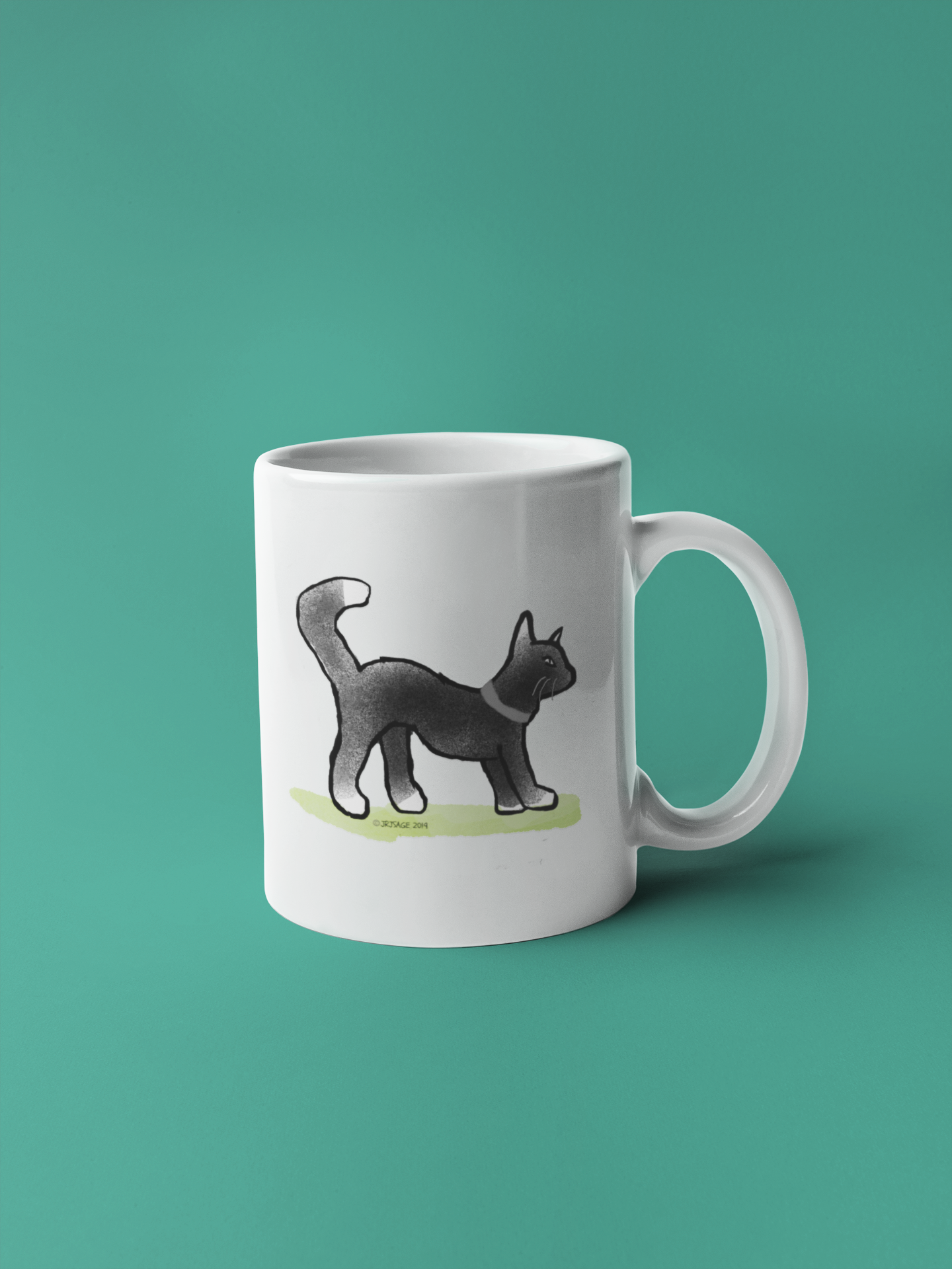 Black Cat Mug - A White Ceramic Hector and Bone coffee Mug with a cute Black Cat with white bits illustration