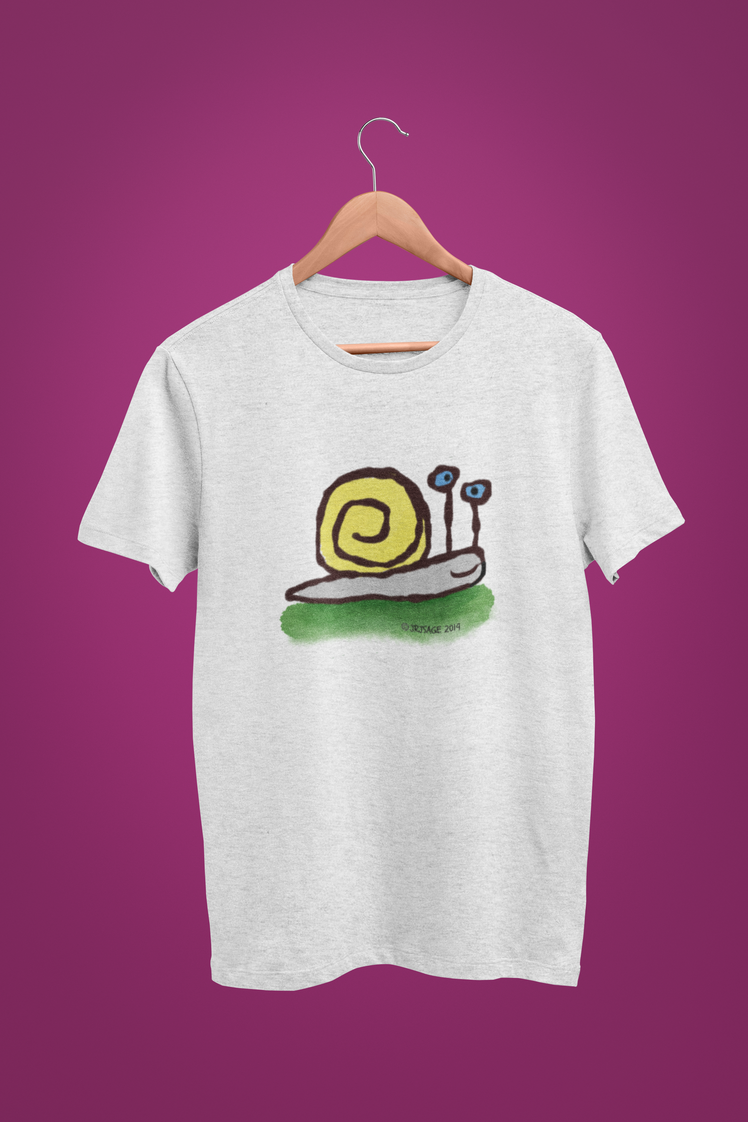 Snail T-shirt - A Cream Heather Grey Unisex Hector and Bone vegan cotton T-shirt with printed Cute Snail illustration