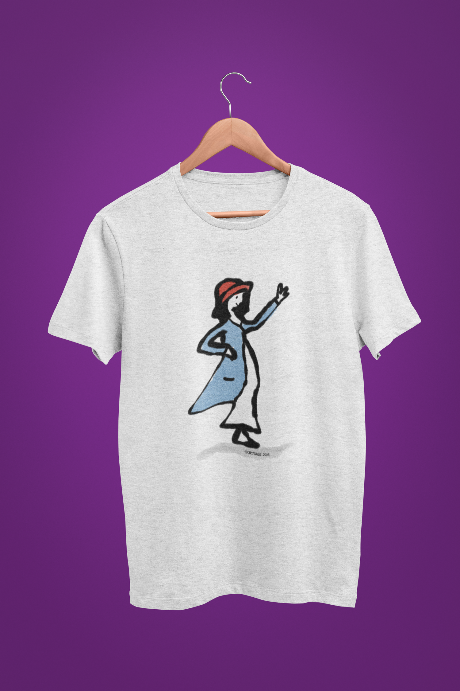 A cream heather grey cotton t-shirt printed with a hand-drawn waving girl design by hector and bone