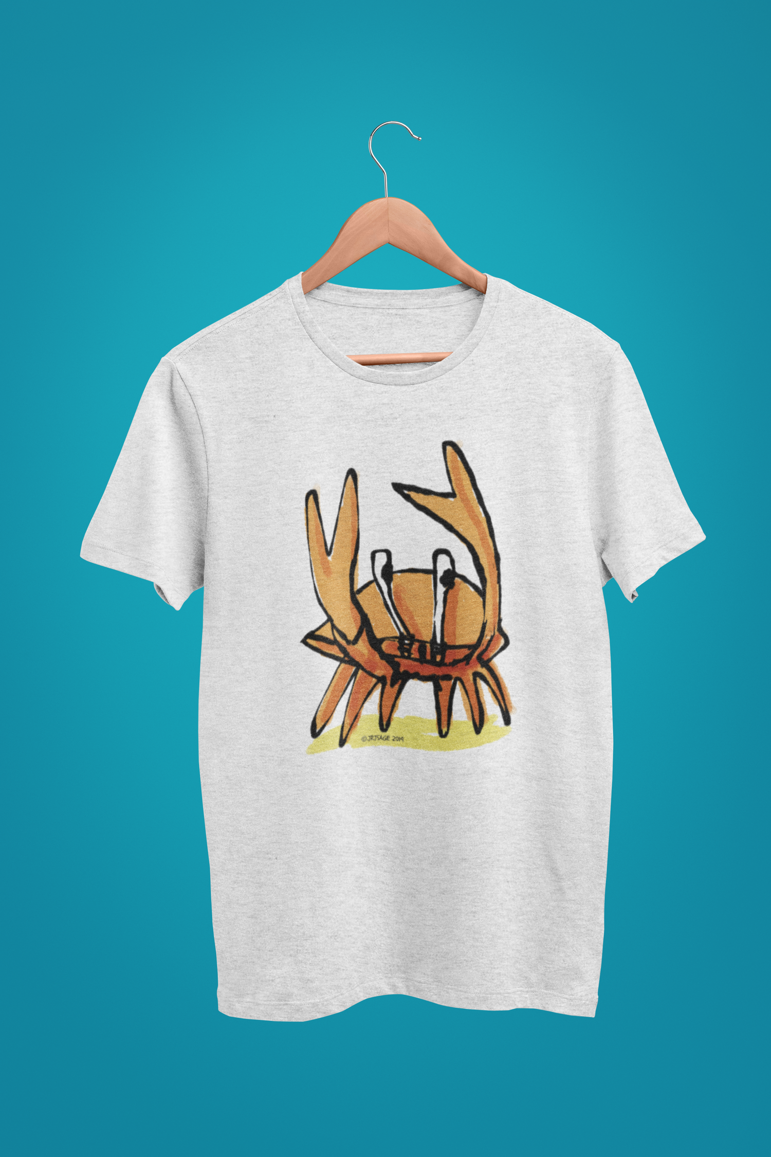Crab T-shirt - Illustrated funny Angry Crab t-shirts printed on cream heather grey colour vegan cotton by Hector and Bone
