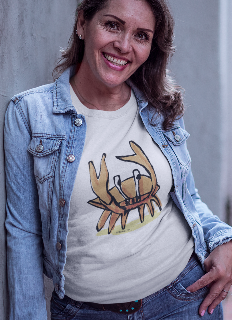 Crab T-shirt - Woman wearing a illustrated funny Angry Crab t-shirt design on white colour vegan cotton t-shirts by Hector and Bone