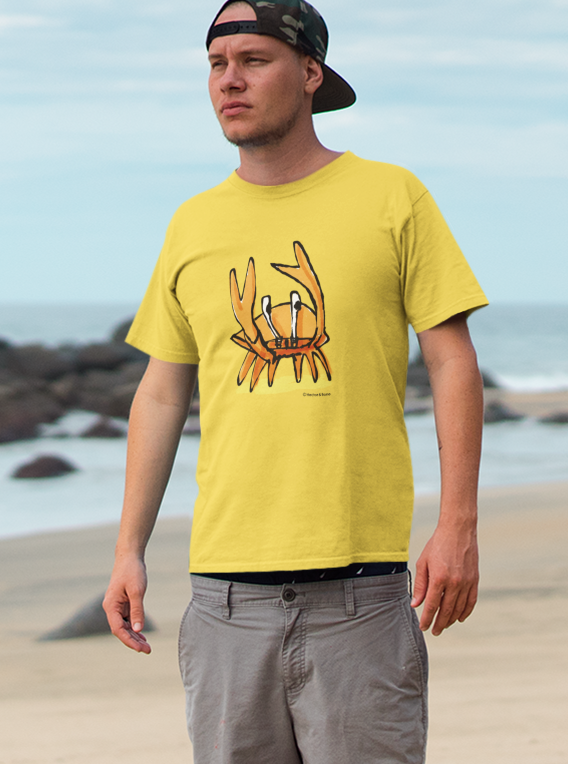 Crab T-shirt - Young man wearing a illustrated funny Angry Crab t-shirt design on golden yellow colour vegan cotton t-shirts by Hector and Bone