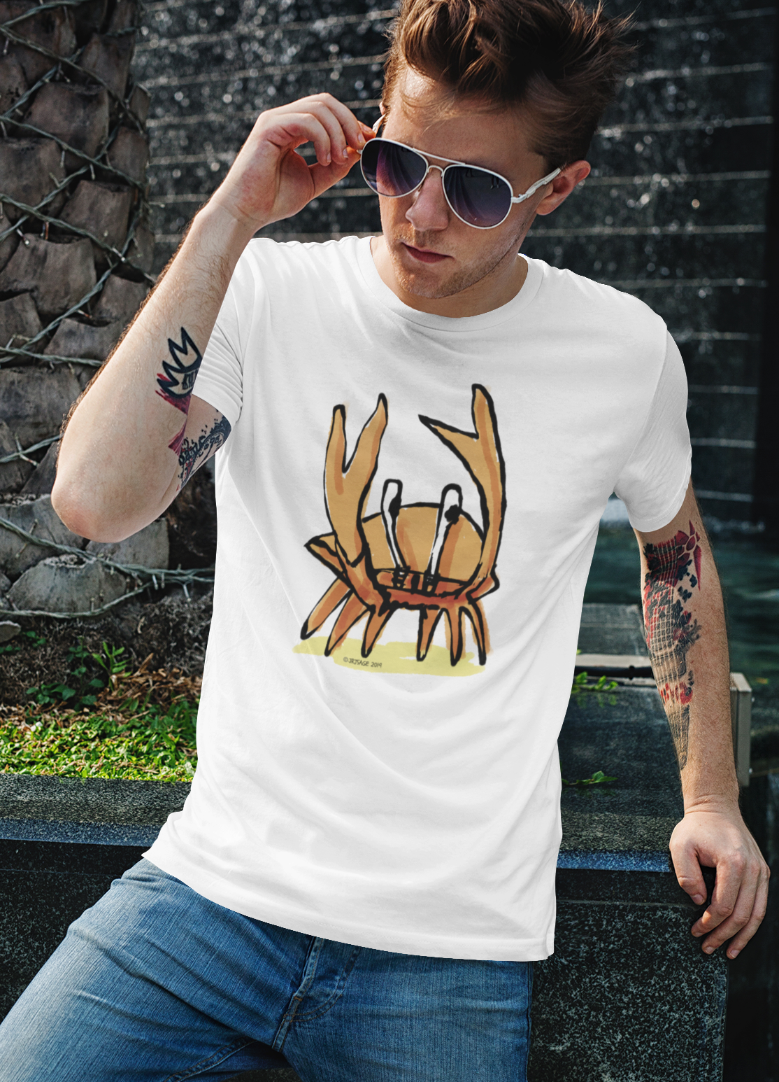 Crab T-shirt - Young man wearing a illustrated funny Angry Crab t-shirt design by Hector and Bone